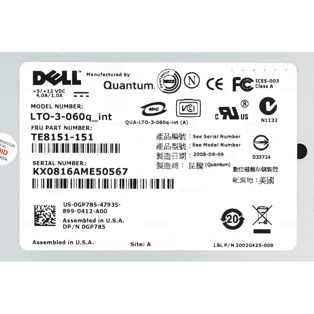 TE8151-151 DELL LT03 400/800GB INTERNAL TAPE DRIVE LTO-3-060 GP785 LTO-3-060Q_INT, 899-0412-A00, D33724